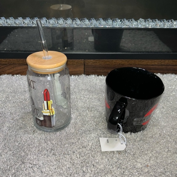Wake up and Makeup glass w lid and glass straw with Lipstick-mug set! - Picture 2 of 6